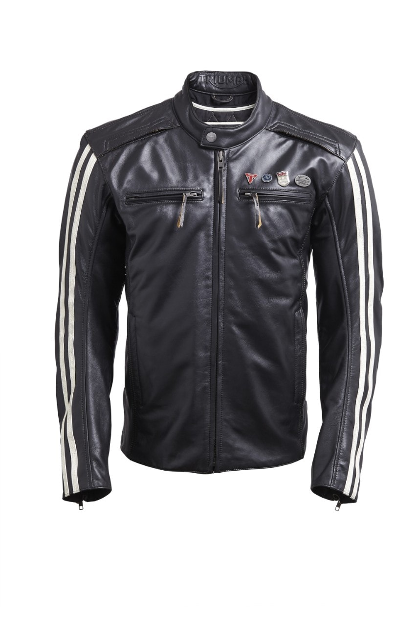 Giacca in pelle Triumph Beachley con protezioni rimovibili su spalle, gomiti e schiena, fodera rimovibile (taglie  XS-3XL, 480 euro)