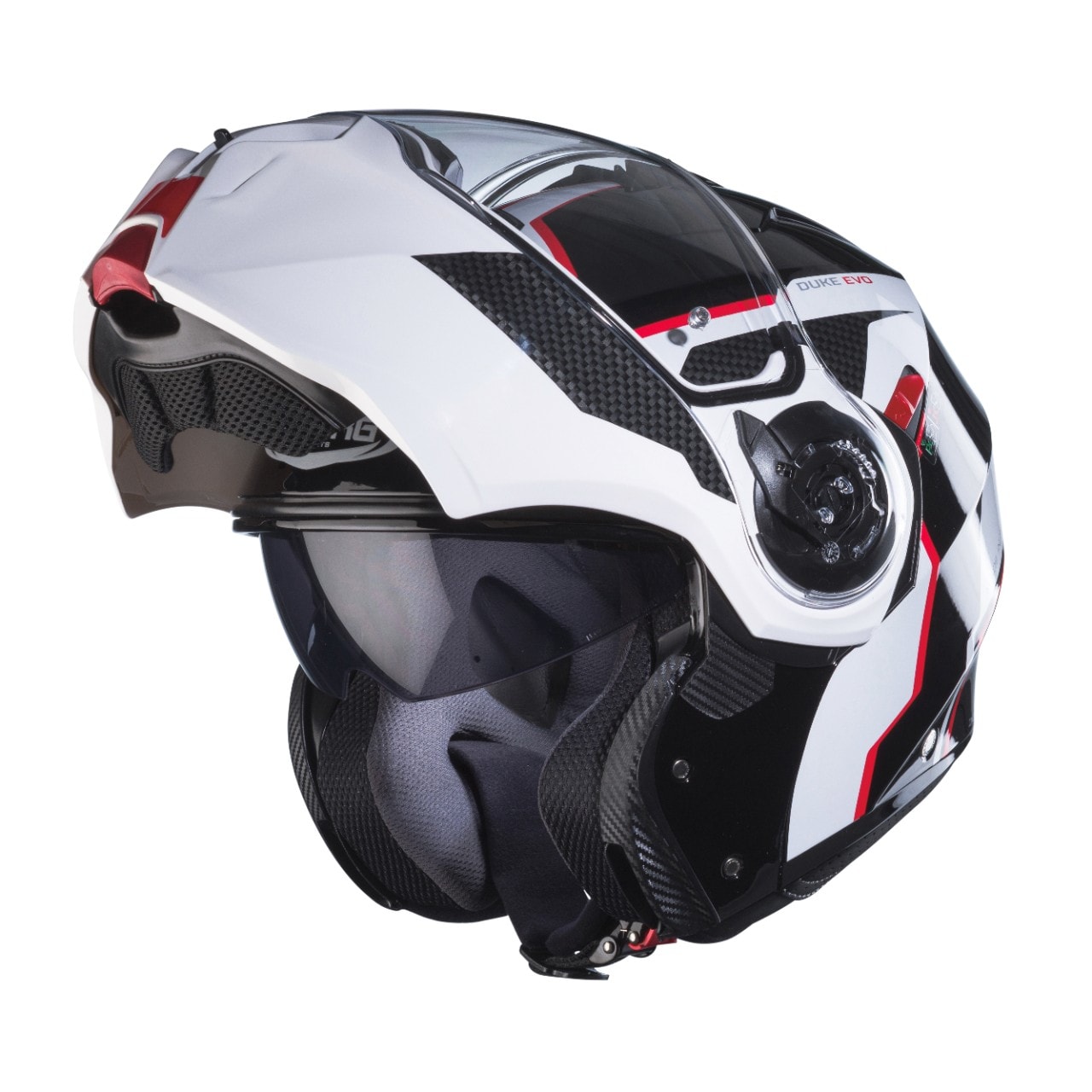 <div class='descrGalleryTitle'>DUKE EVO</div><div class='descrGalleryText'><p>Il Duke Evo amplia la categoria degli apribili Caberg. Il casco Flip Up è interamente costruito in Italia e adotta una calotta in policarbonato che gli <b>conferisce un peso di 1600 gr.</b></p>
<p>Tra le novità come le linee più nette e sportive e le dimensioni ridotte, <b>Duke Evo è omologato ECE 22.06</b>. La mentoria poi è stata allungata e dotata di prese d’aria regolabili per migliorare il fitting e il confort del motociclista. La visiera antigraffio e antiappannamento, grazie alla lente <b>Pinlock 70</b>, è affiancata dal visierino parasole antigraffio, un sistema chiamato <b>Double Visor Tech.</b></p>
<p>Per la comunicazione, Caberg predispone il Duke Evo per l’equipaggiamento con il nuovo sistema di comunicazione del marchio, <b>PRO SPEAK EVO.</b> Con questo sistema è possibile collegare il casco allo smartphone, comunicare con il passeggero e connettersi ad un GPS.</p>
<p>Duke EVO sarà disponibile nelle<b> quattro versioni monocolore</b> blu opaco Yama, bianco metallizzato, nero opaco e antracite opaco, in una <b>versione grafica&nbsp;DUKE EVO MOVE</b>&nbsp;in quattro varianti colore e nella particolare ed unica versione<b>&nbsp;DUKE EVO RUSTY. </b>&nbsp;Le taglie vanno<b> dalla XS alla XL</b>, eccetto che nella versione DUKE EVO MOVE&nbsp;che è disponibile dalla taglia XS alla M.</p>
</div>