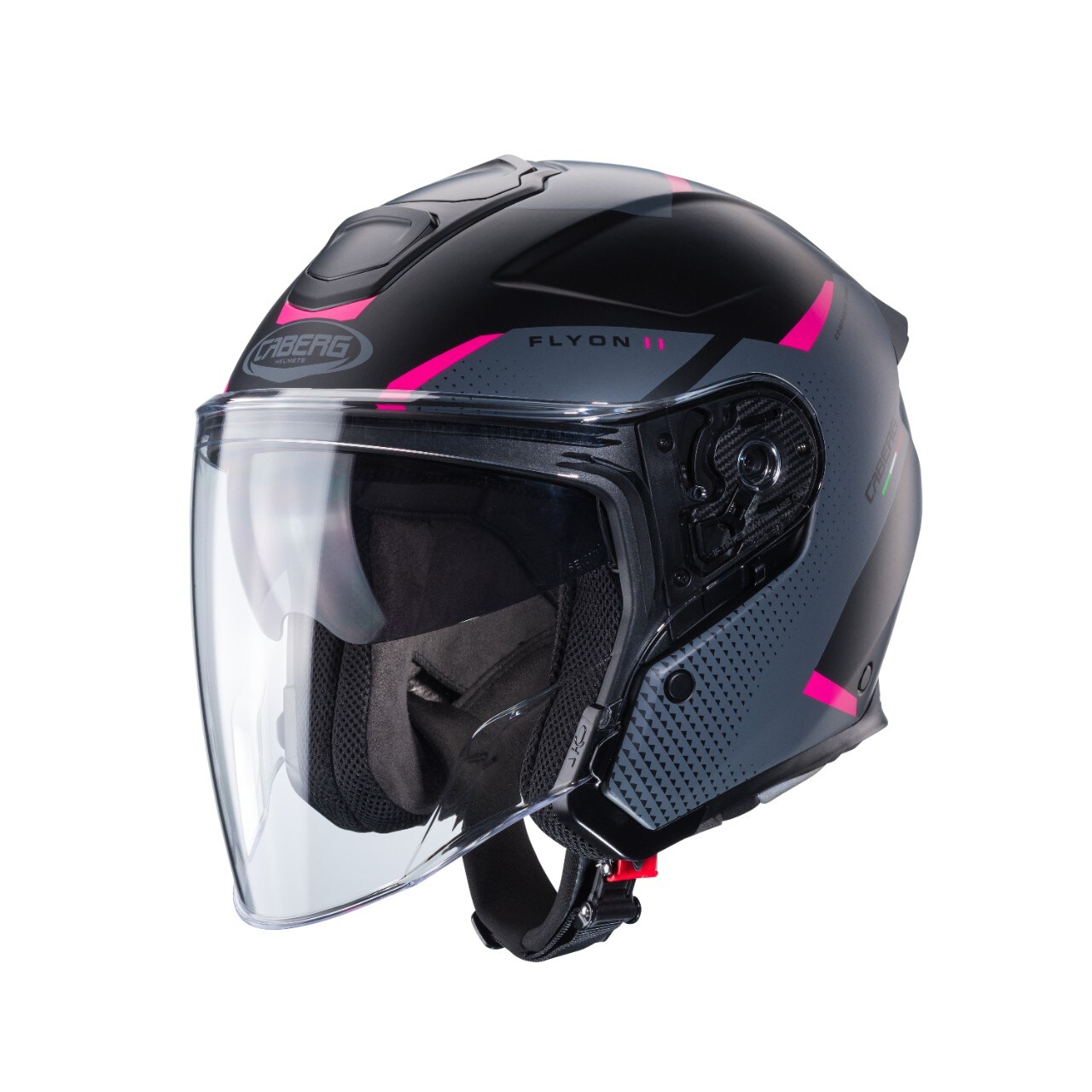 <div class='descrGalleryTitle'>FLYON II</div><div class='descrGalleryText'><p>Per la città Caberg rinnova il suo casco jet di punta donandogli un nuovo design che riprende quello degli integrali. Anche il Flyon II è<b> omologato ECE 22.06 </b>per garantire il massimo della sicurezza e adotta soluzioni a vantaggio del comfort tra cui la <b>doppia presa d’aria superiore e i due estrattori </b>nel retro per garantire un buon flusso d’aria. La<b> visiera è antigraffio e antiappannamento</b> ed è presente il visierino parasole regolabile.</p>
<p><b>La calotta sarà disponibile in due misure</b>: la prima che va dalla taglia XS alla M e la seconda dalla L alla XL. </p>
<p><b>FLYON II&nbsp;è offerto in tre varianti monocolore</b> nero opaco, bianco e grigio opaco e in due varianti grafiche:<b>&nbsp;FLYON II CARBON</b>&nbsp;con calotta realizzata interamente in carbonio e&nbsp;<b>FLYON II BOSS&nbsp;</b>in quattro giovani ed accese varianti colore. In vendita <b>a partire da Maggio 2023.</b></p>
</div>