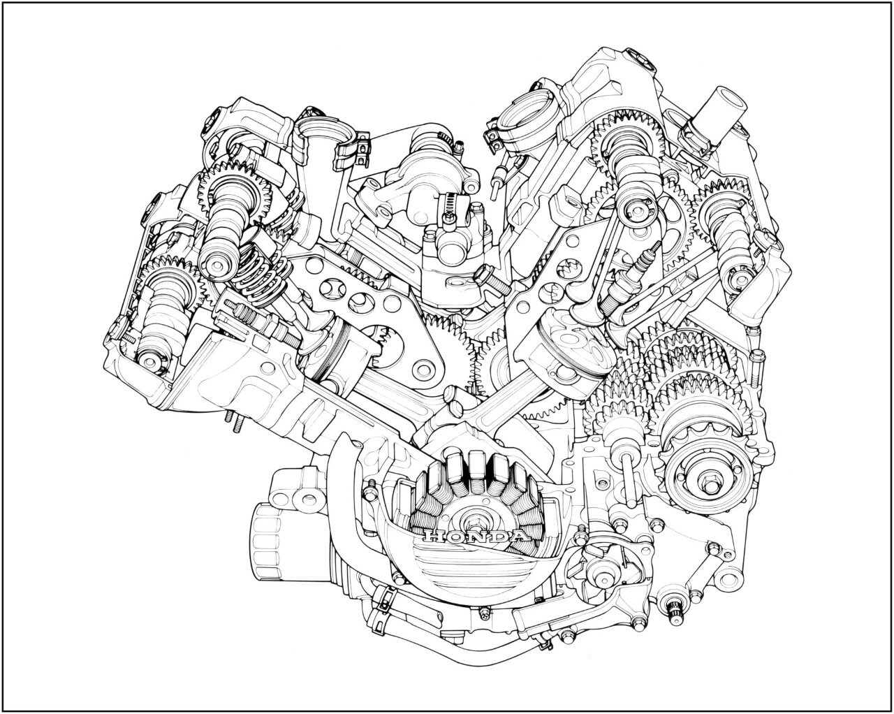 Trasparenza del motore in cui si vede la raffinata distribuzione a cascata di ingranaggi