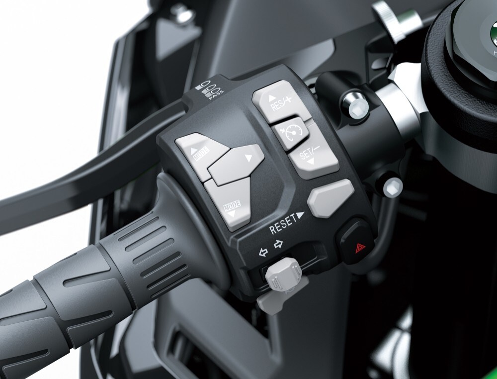 <div class='descrGalleryTitle'>ELETTRONICA</div><div class='descrGalleryText'><p>Dietro al cupolino è stato introdotto un display TFT racing (con connettività Bluetooth), quattro riding mode selezionabili tramite pulsanti del semi-manubrio e per rendere più confortevole l’utilizzo in strada della moto, sono stati introdotti il cruise control e le manopole riscaldate (presenti nella lista accessori originali Kawasaki).</p>
</div>