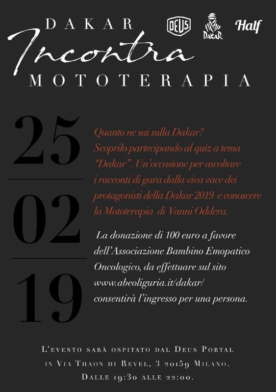 Una festa per i piloti della Dakar per sostenere la Mototerapia