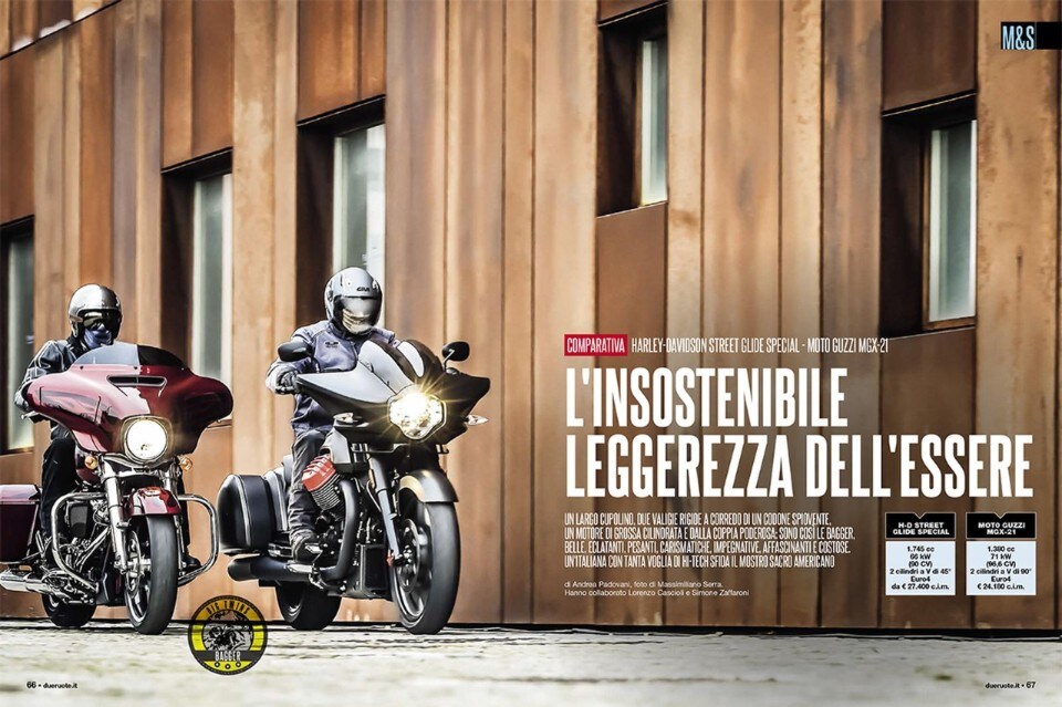 Su Dueruote di Febbraio, la comparativa H-D Street Glide Special vs Moto Guzzi MGX-21