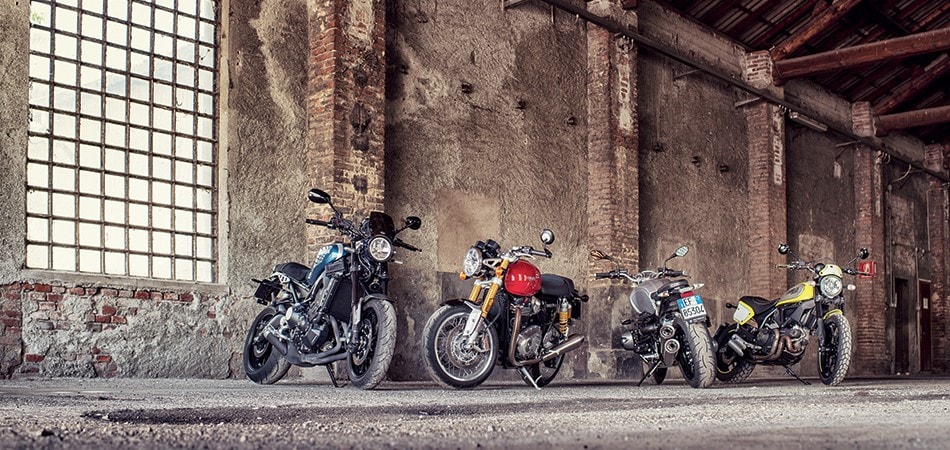 Yamaha XSR 900 ABS, Triumph Thruxton 1200 R, BMW R nineT ABS, Ducati Scrambler Flat Track Pro